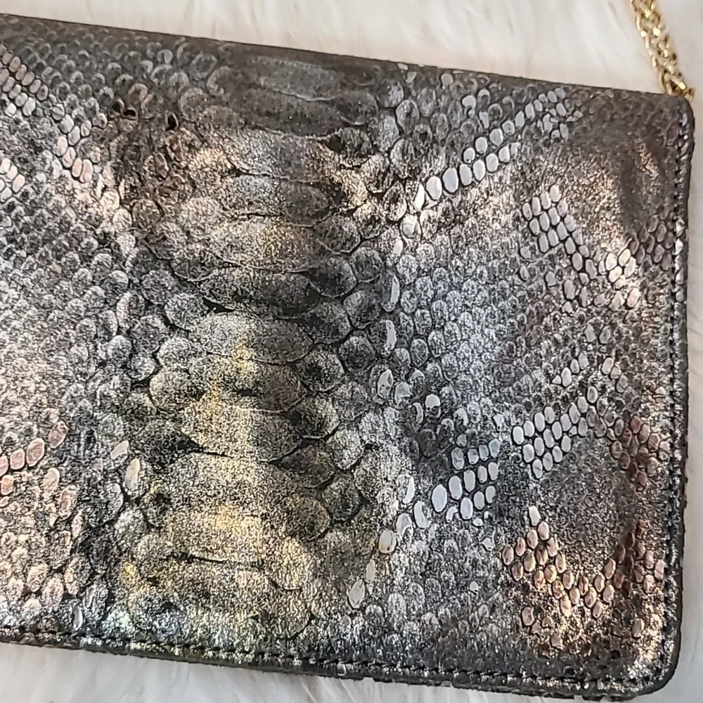 Inge Christopher leather snakeskin clutch Gold Silver Beaded Art Deco‎ New Year
